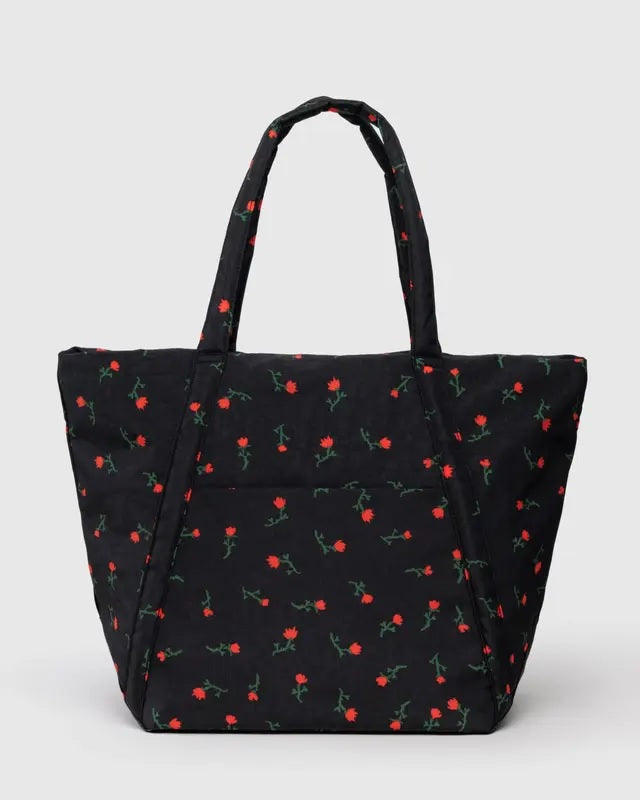 Cloud bag tote in black with red floral print and top handles, open design