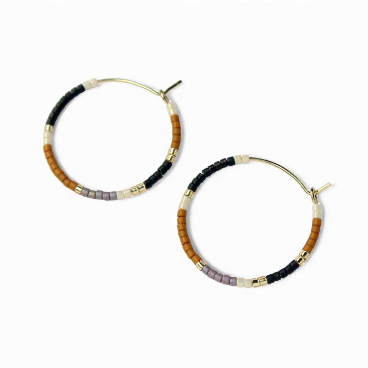 Beaded hoop earrings with black, brown and gray beads; gold-tone hooks