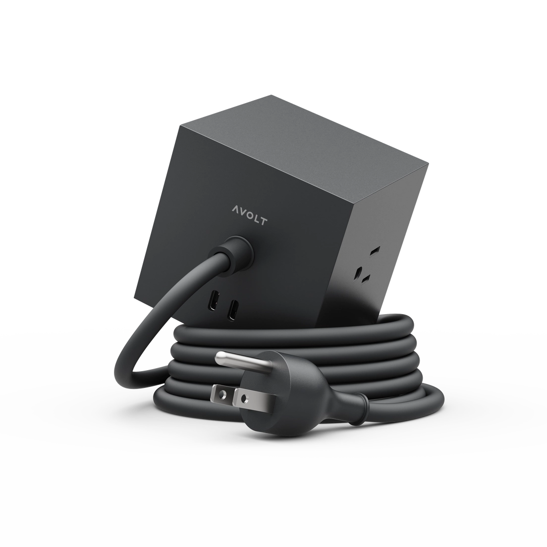 Square 1 extension cord set in black with 3-prong outlets and coiled cable