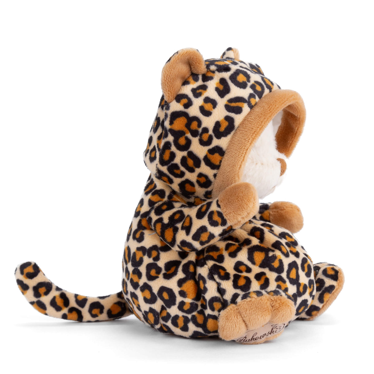 Leopard-print plush toy seated in a hooded bear-eared outfit, side view with tail