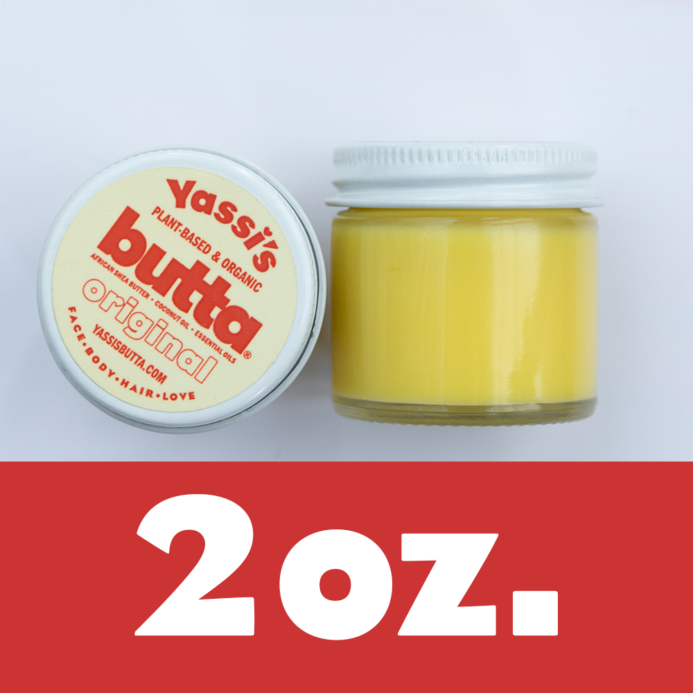 2 oz travel-size balm jar, yellow cream in clear container with white lid label