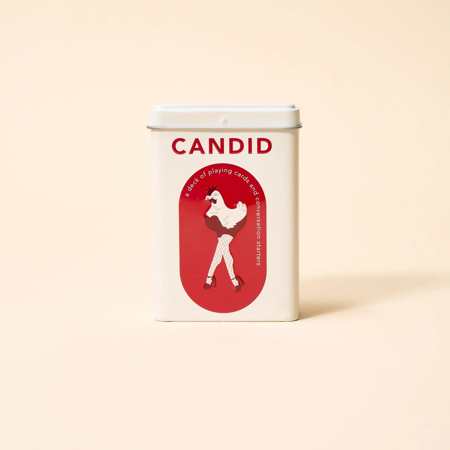 CANDID playing card deck tin with red rooster logo on the front