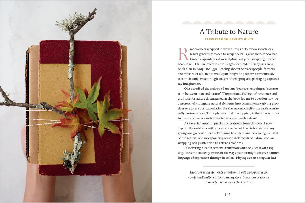 Wrapped gift parcel with red ribbon and leaf decoration held in hands