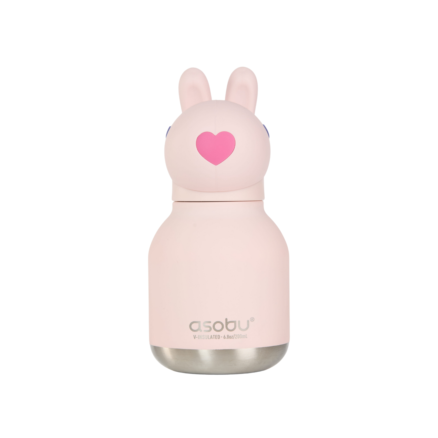 Mini bunny-themed water bottle, light pink with heart nose, stainless base