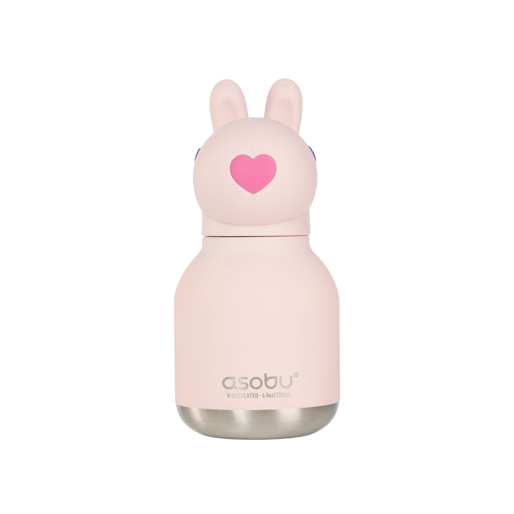 Mini bunny-themed water bottle, light pink with heart nose, stainless base