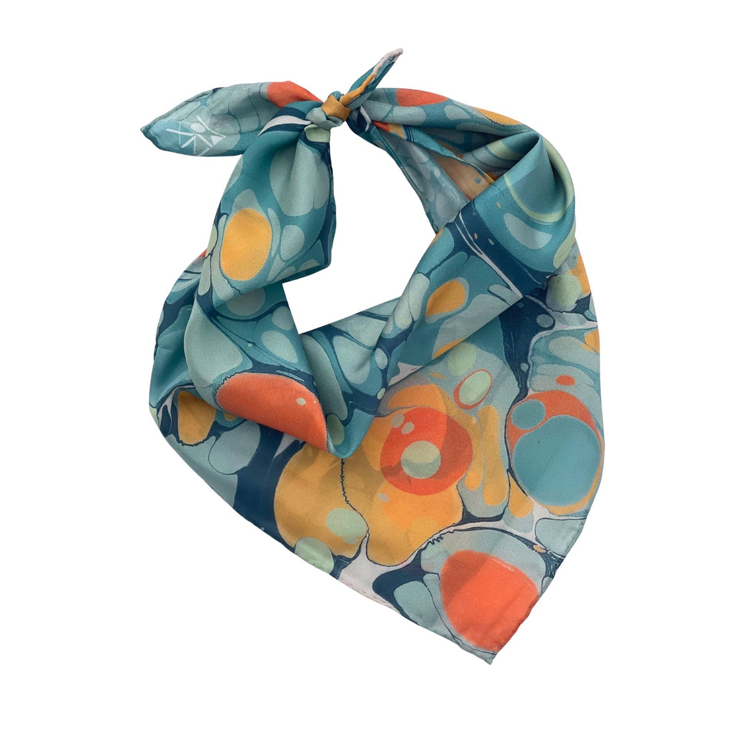Silk bandana tied in loop, blue background with orange and pale circle patterns