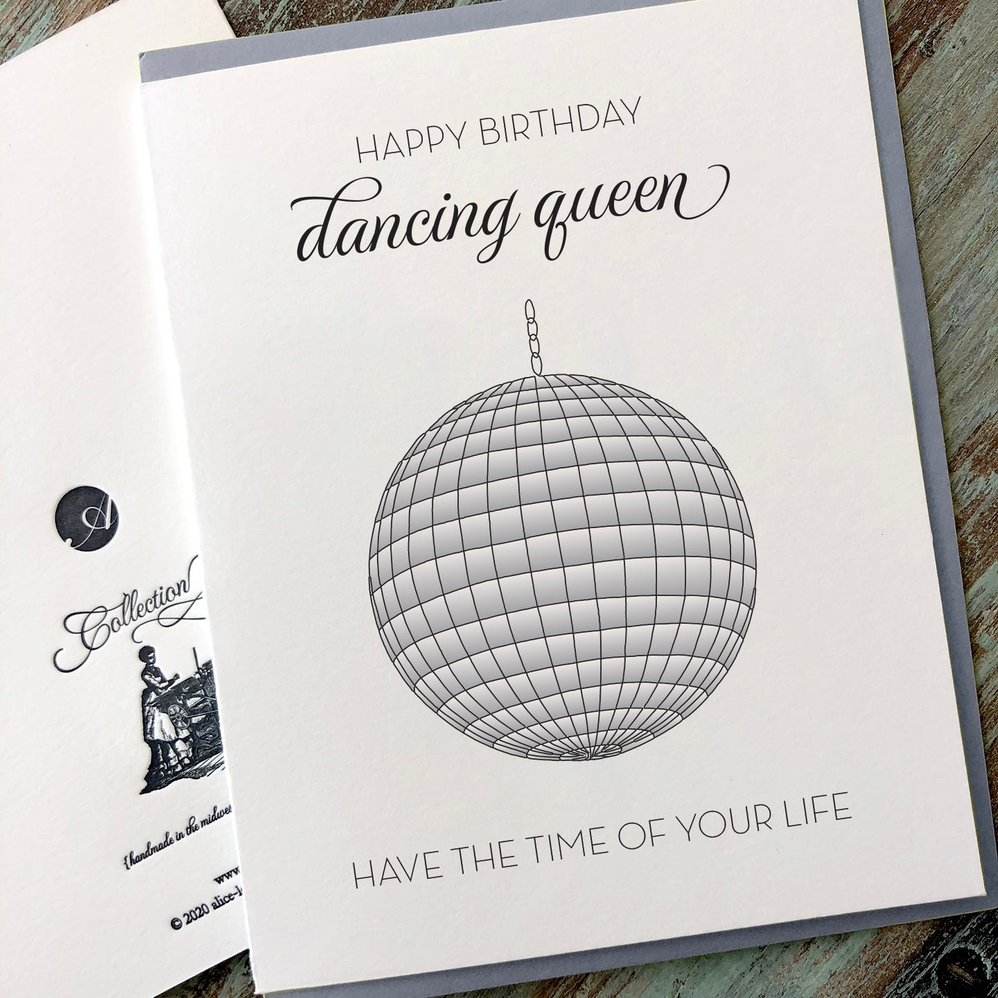 White birthday card with disco ball and 'Happy Birthday dancing queen'