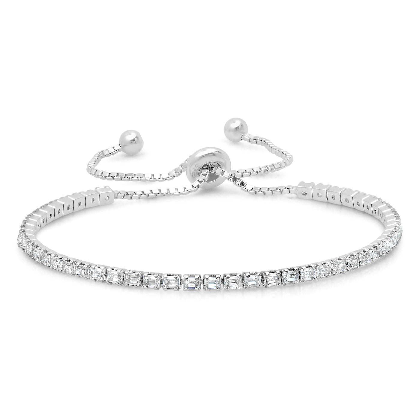 Silver tennis bracelet with baguette-cut stones, adjustable bolo clasp and chain links