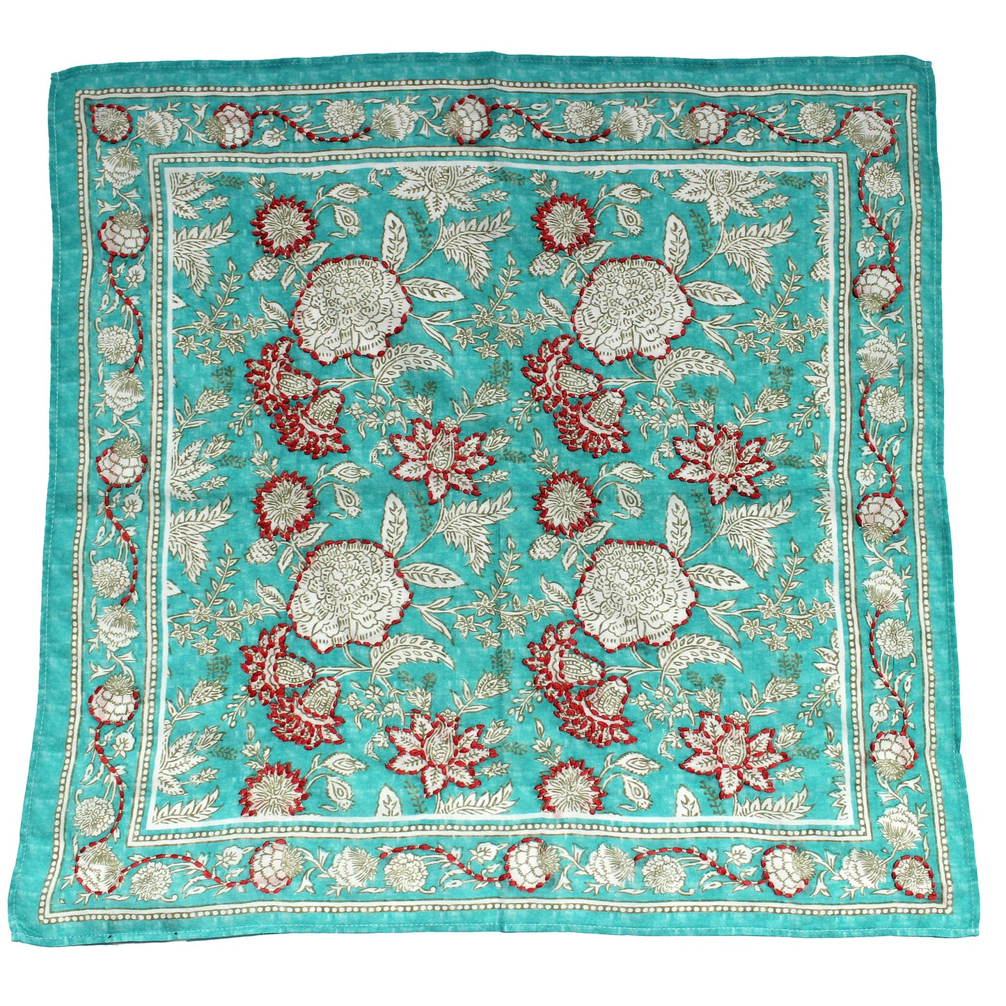 Cotton embroidered bandana in aqua teal with red and cream floral motifs and border