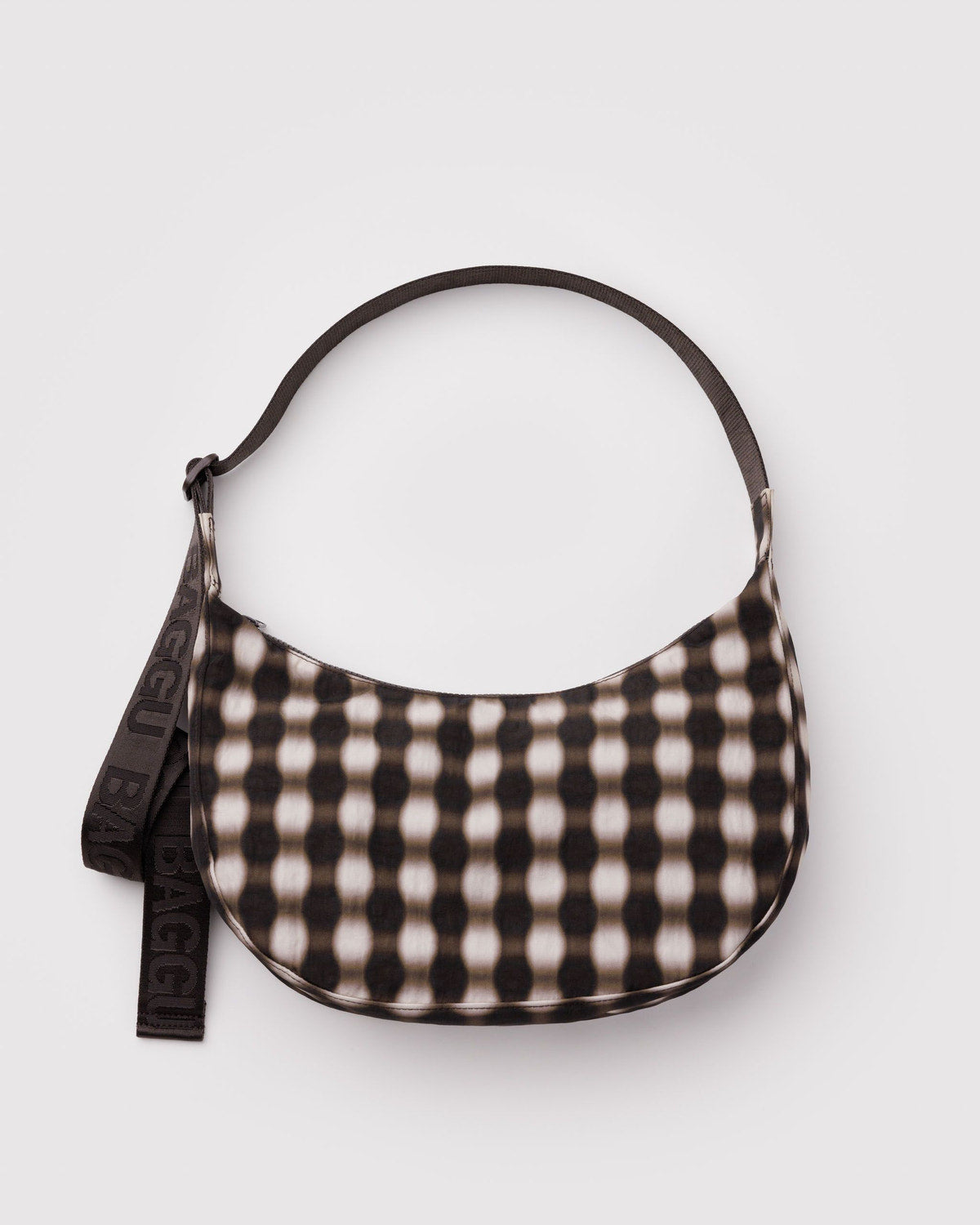 Medium crescent nylon bag, brown-and-cream gingham pattern with dark strap