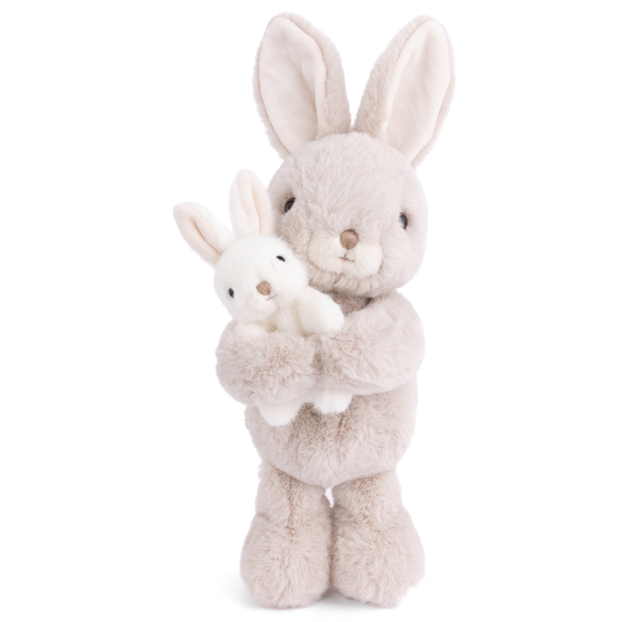 Light beige plush bunny holding a smaller bunny, long ears, soft stuffed toy
