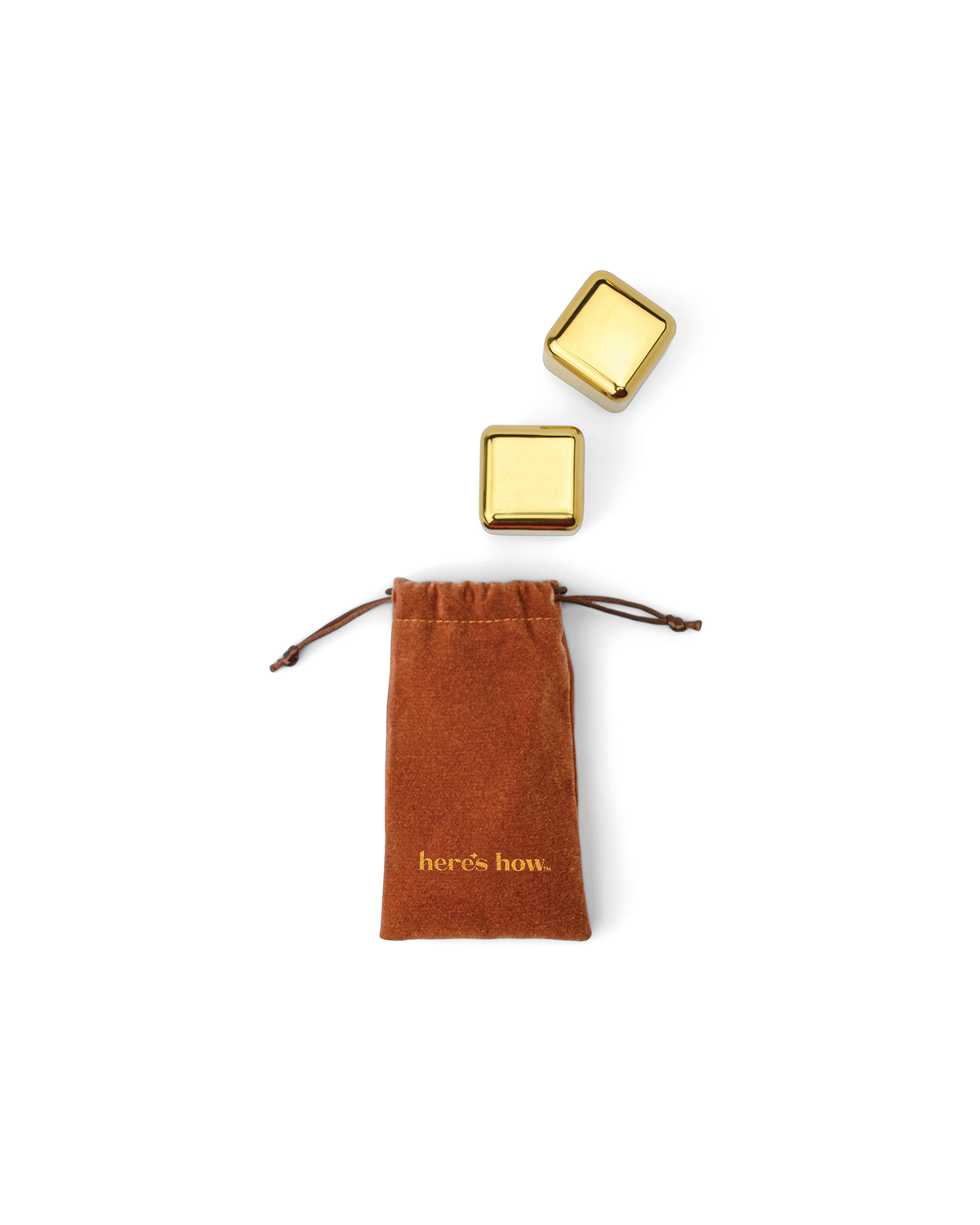 Gold square metal cocktail chiller cubes with drawstring storage pouch