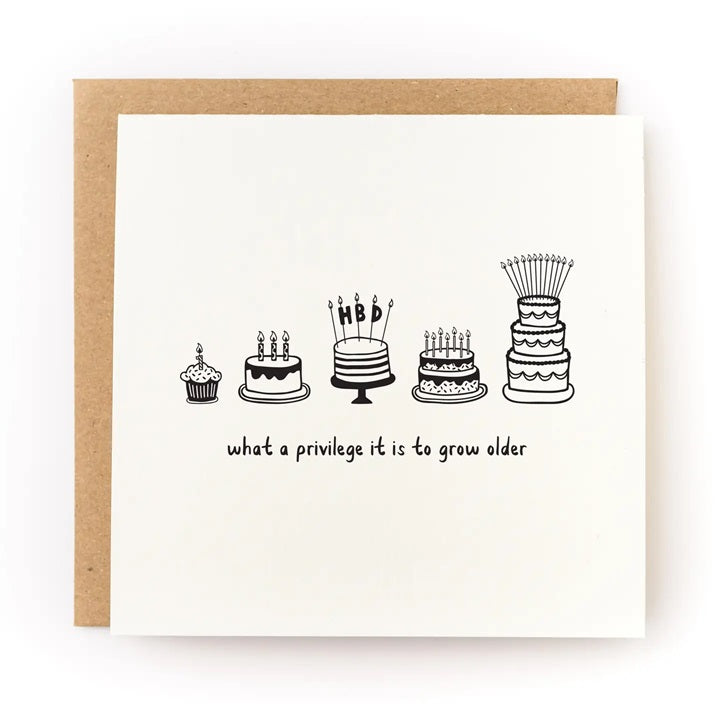 Birthday card with tiered cake and candles; 'what a privilege it is to grow older'.