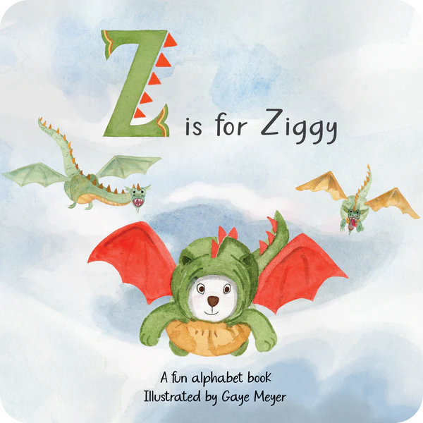 Front cover of an alphabet book showing the letter Z with Ziggy and dragons.