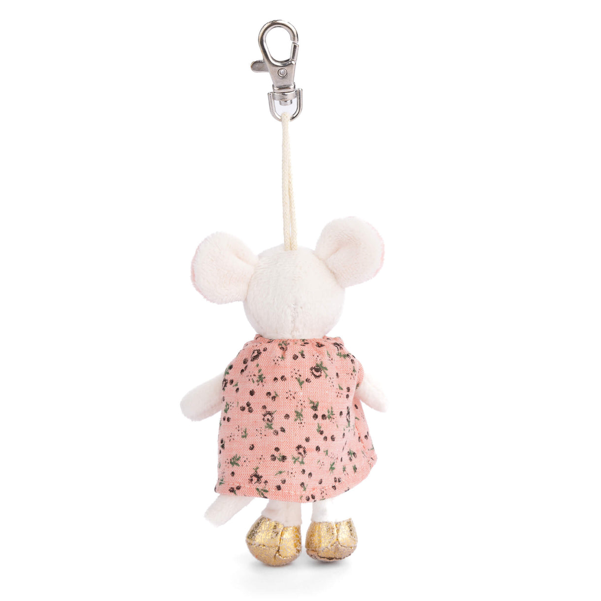 Plush mouse bag charm with pink dress and golden shoes, hanging strap and keyring
