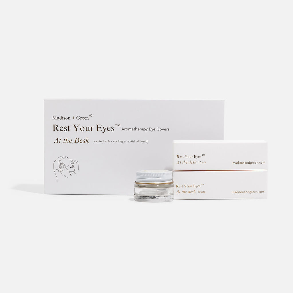 Aromatherapy eye cover set with product box and small glass jar