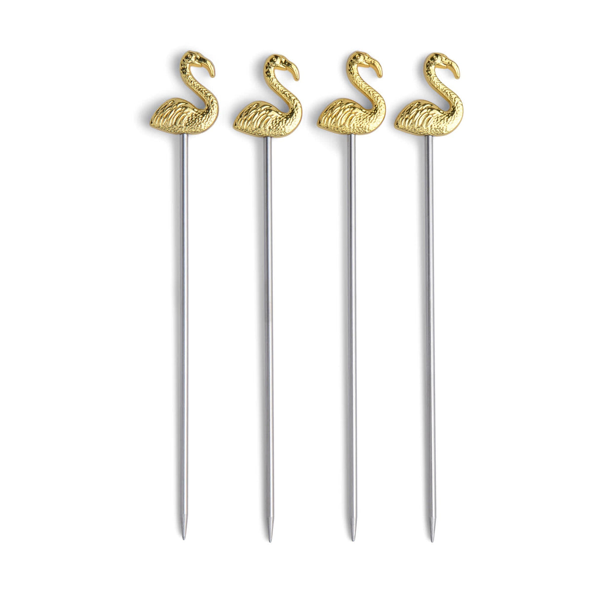 Gold flamingo cocktail picks with slender metal stems, set of 4