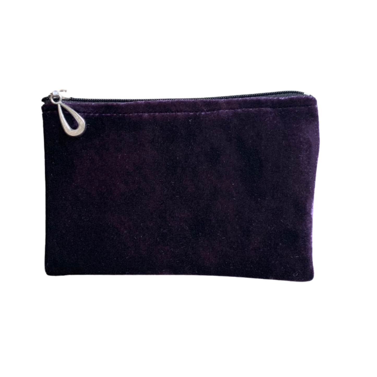 Small silk velvet pouch in deep purple with zip top and teardrop zipper pull.