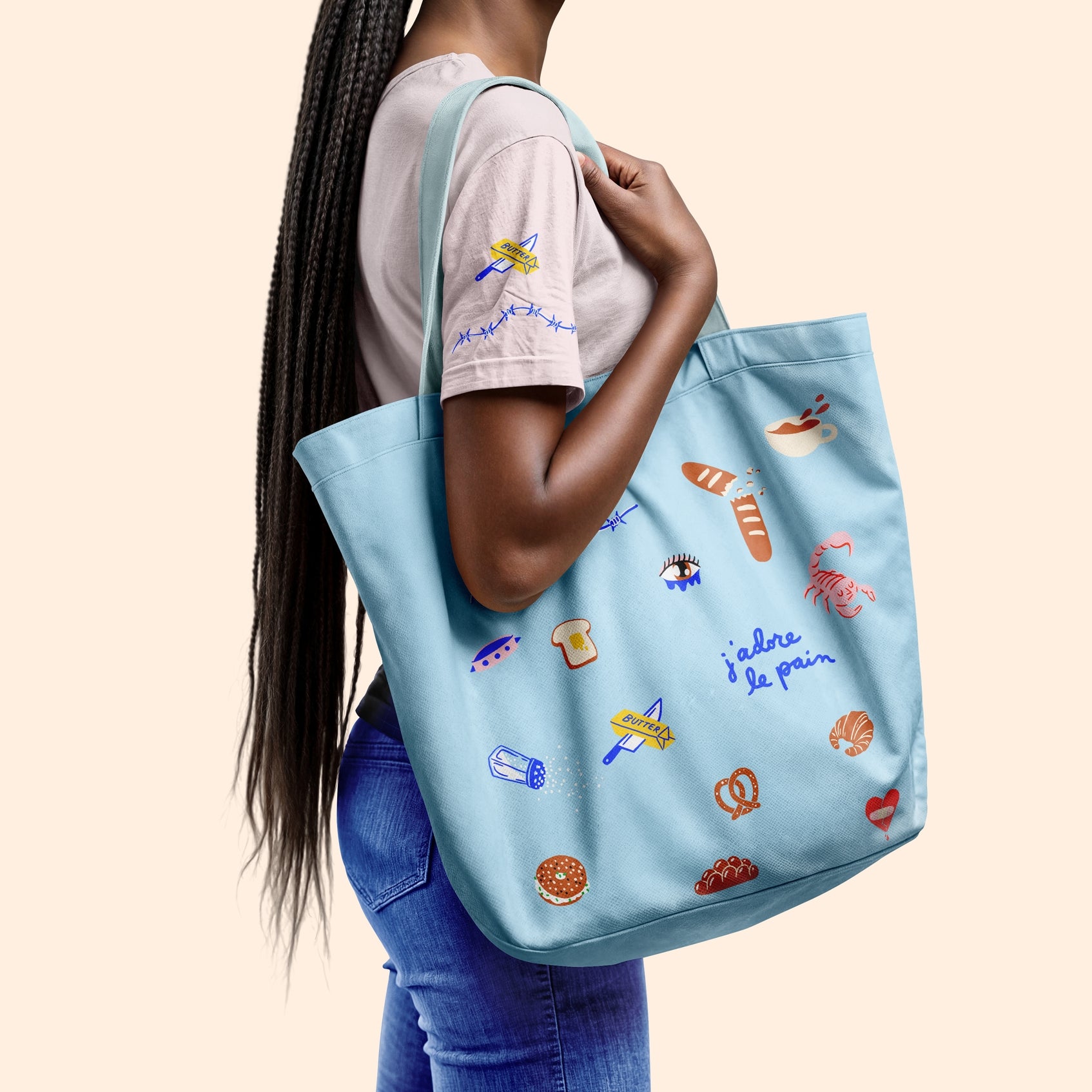 Light blue tote bag with colorful hot-press iron-on food graphics