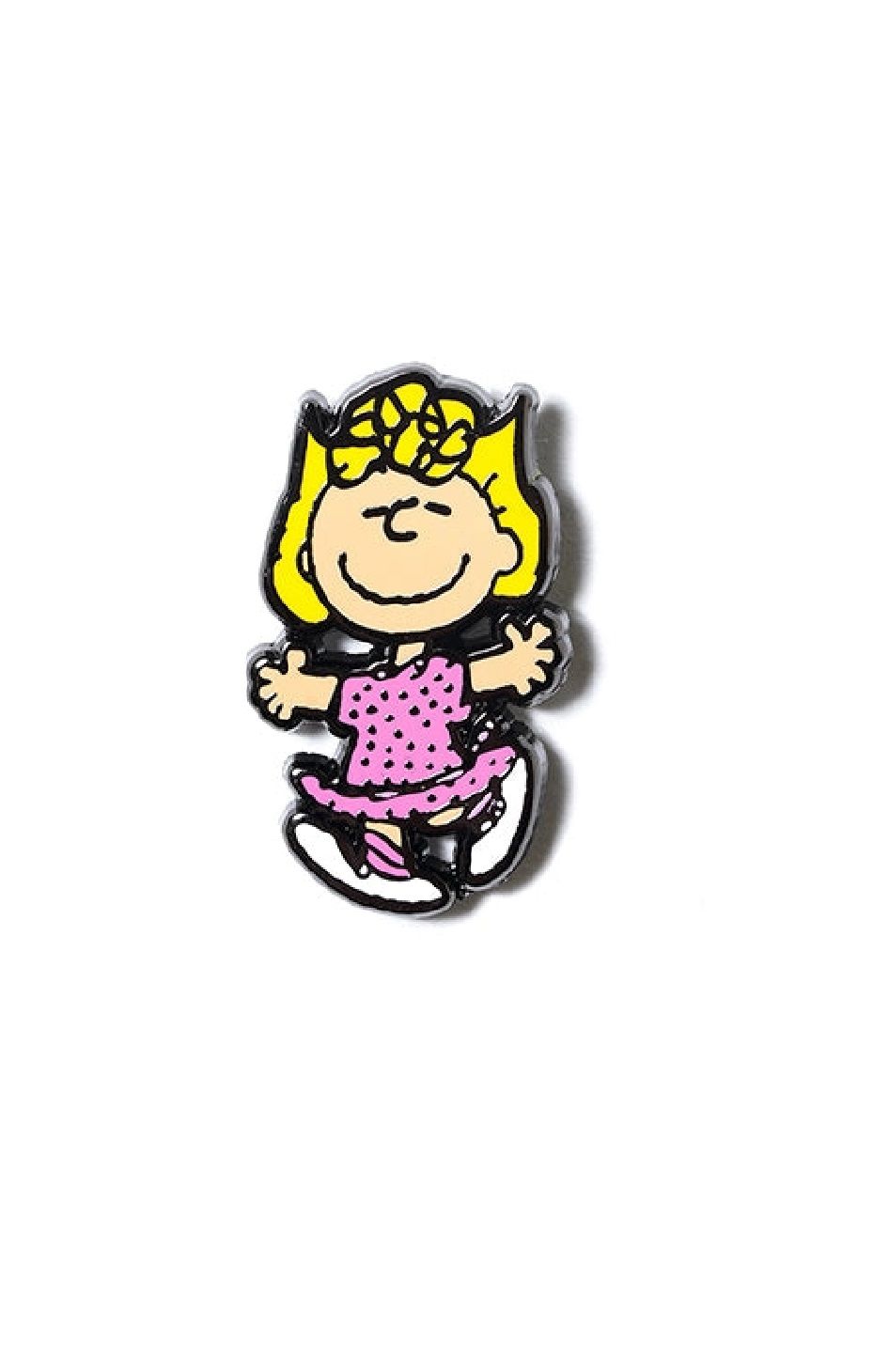 Cartoon Sally enamel pin with yellow hair, pink dress, and arms out on dark outline