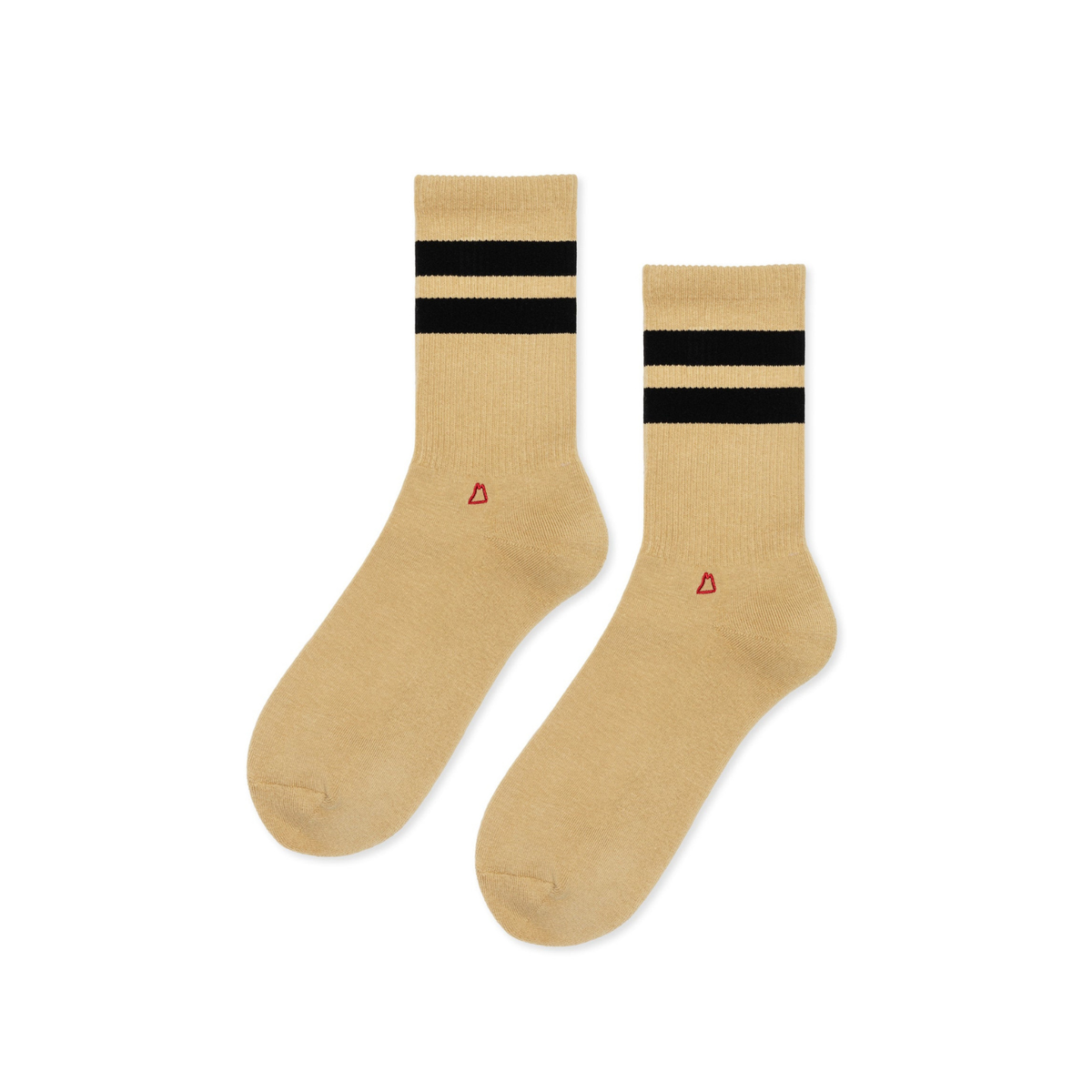Men's crew sport socks in camel beige with black-and-gold stripes, small triangle logo