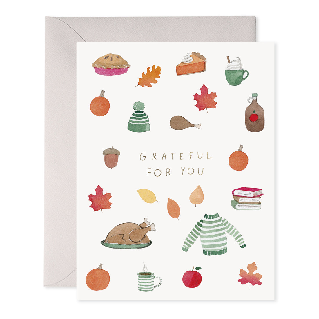 Thanksgiving greeting card with fall icons and “Grateful for you” text