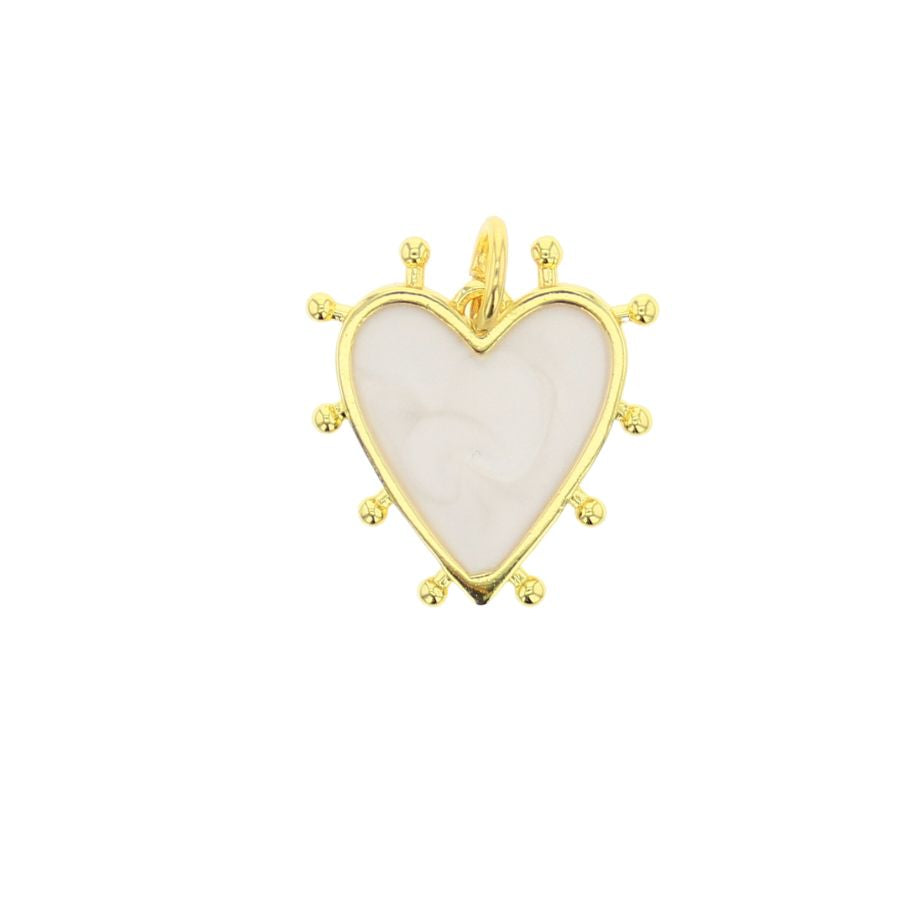 Heart-shaped charm with gold border, white center, and small ball-bead details