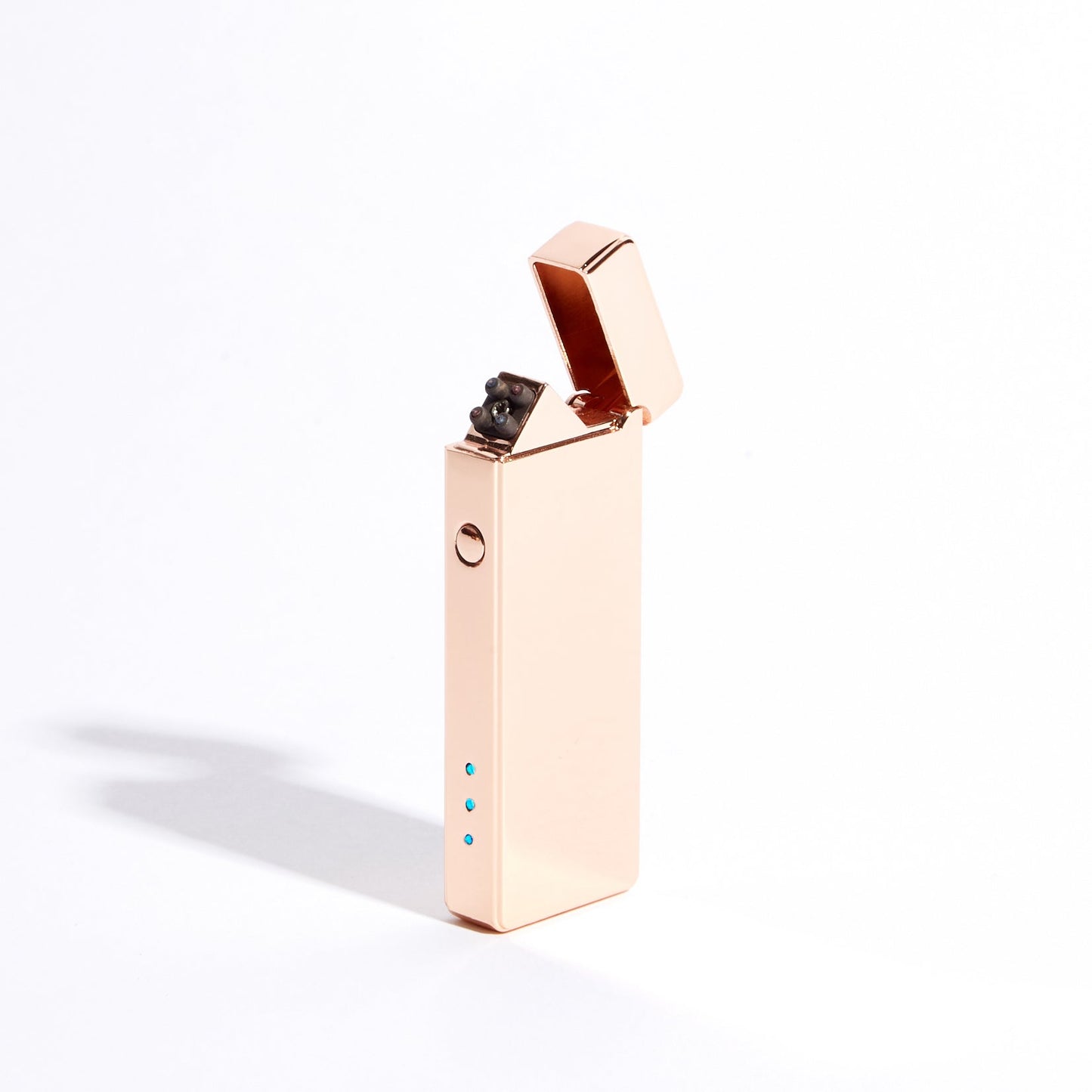 Slim USB lighter in rose gold metallic with flip-top open and ignition parts visible.