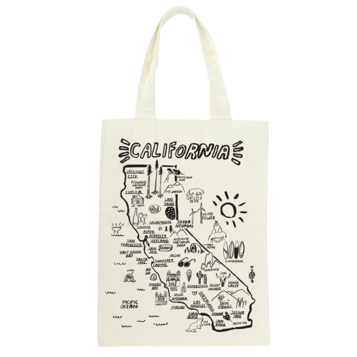 Cream canvas tote bag with California map illustration