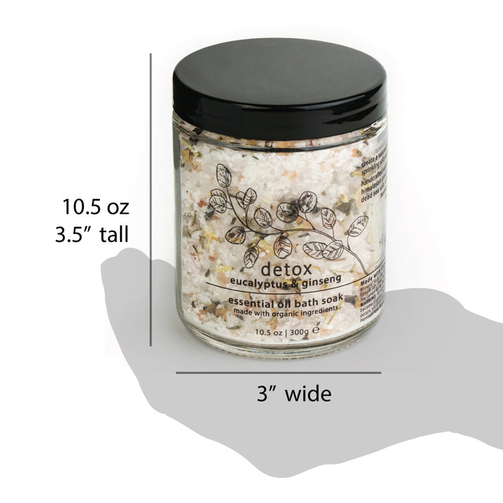 Detox bath soak jar, 10.5 oz; black lid; eucalyptus & ginseng label