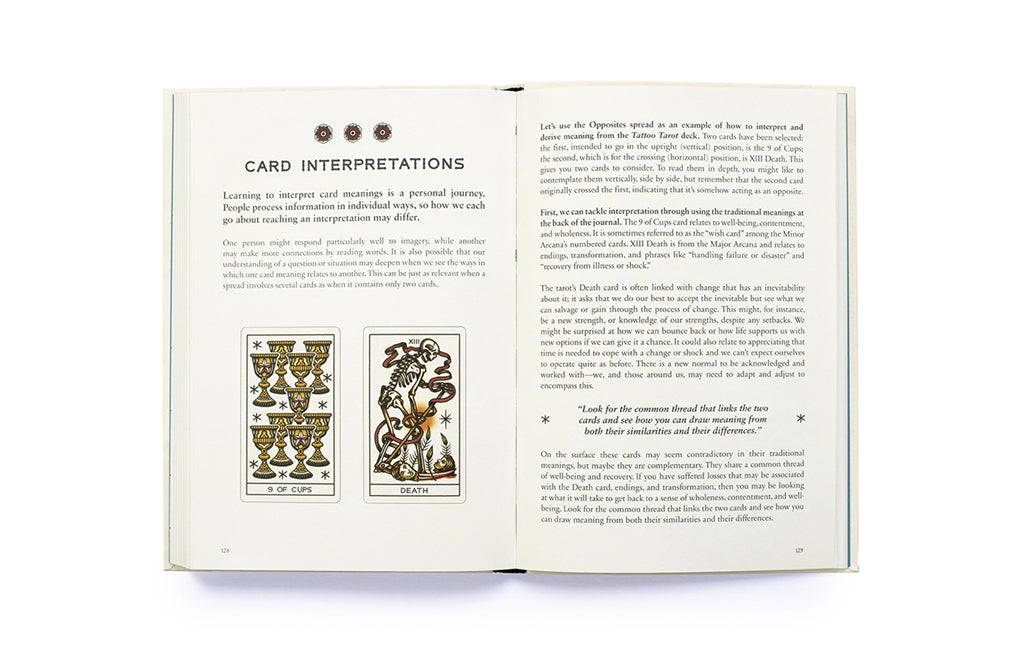 Open tarot journal spread with “Card Interpretations” heading and example card boxes