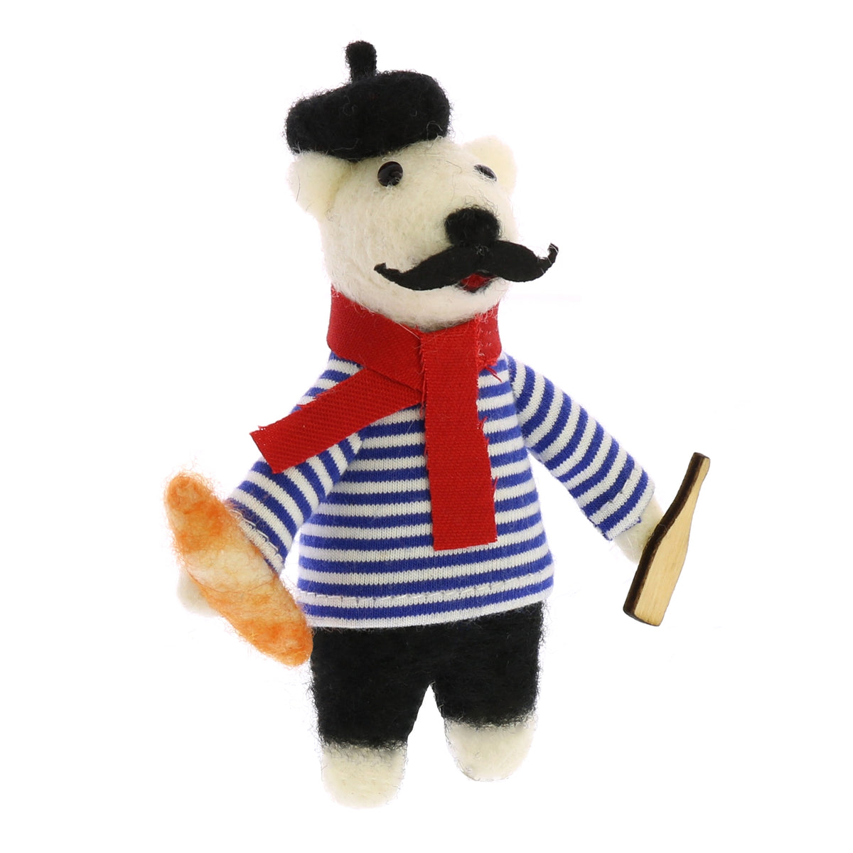 Felt bear ornament with striped blue shirt, red scarf, and small wooden instrument