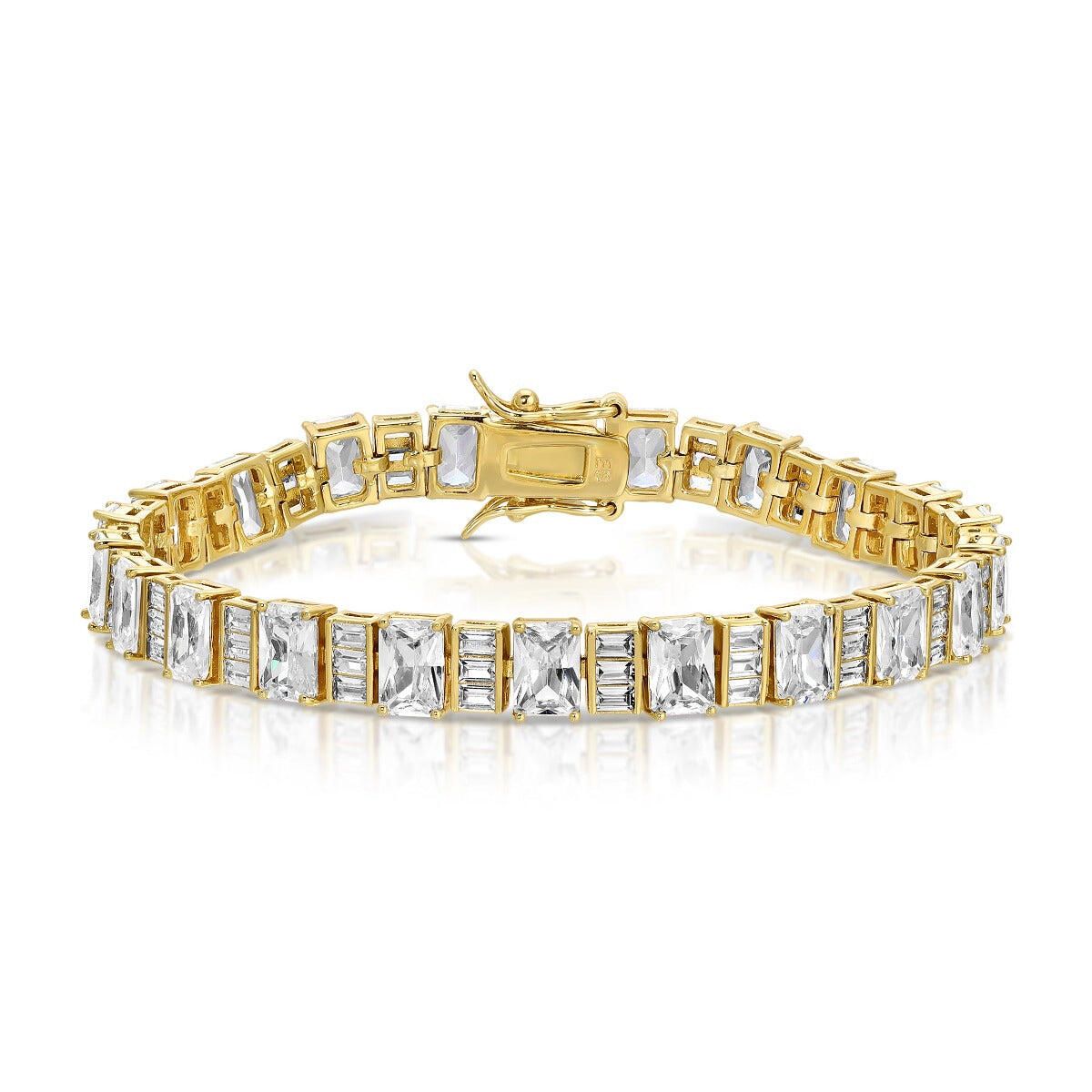 Gold-tone tennis bracelet with square clear crystal rows and hinged clasp
