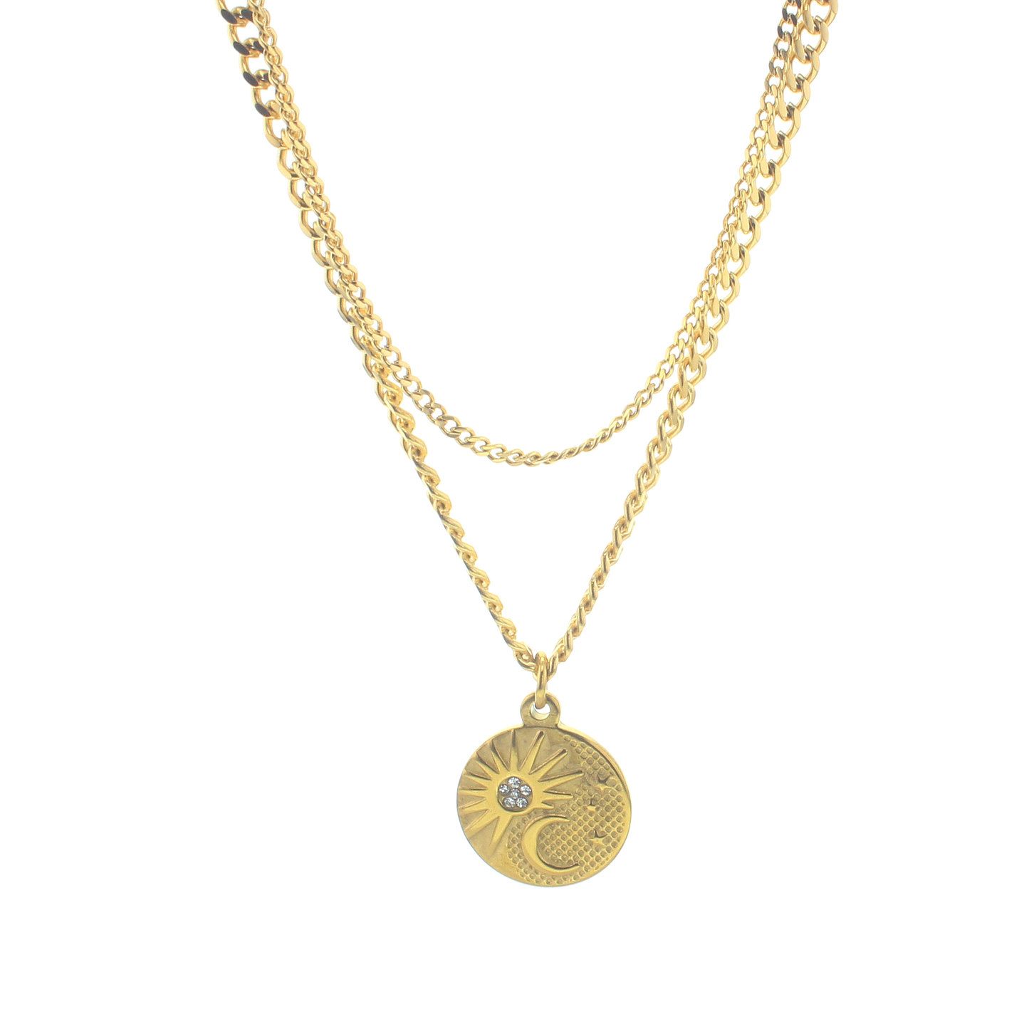 Gold-tone chain necklace with round coin pendant and small starburst details.