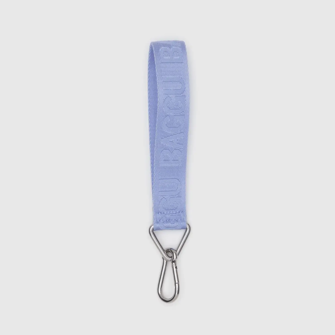 Lavender BAGGU logo keychain with silver metal clasp and loop