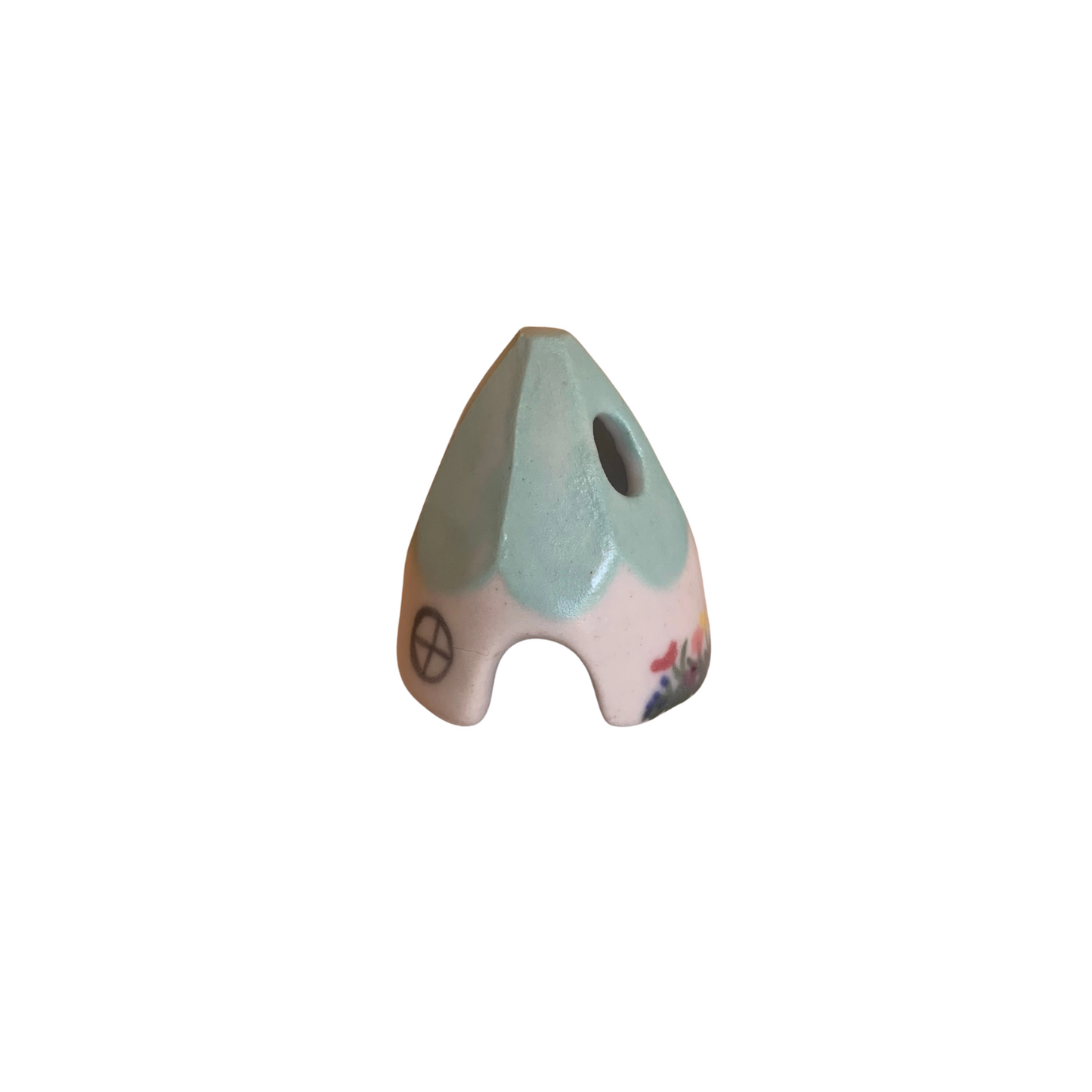 Teal ceramic mouse incense cone burner with peace symbol and small flower decals