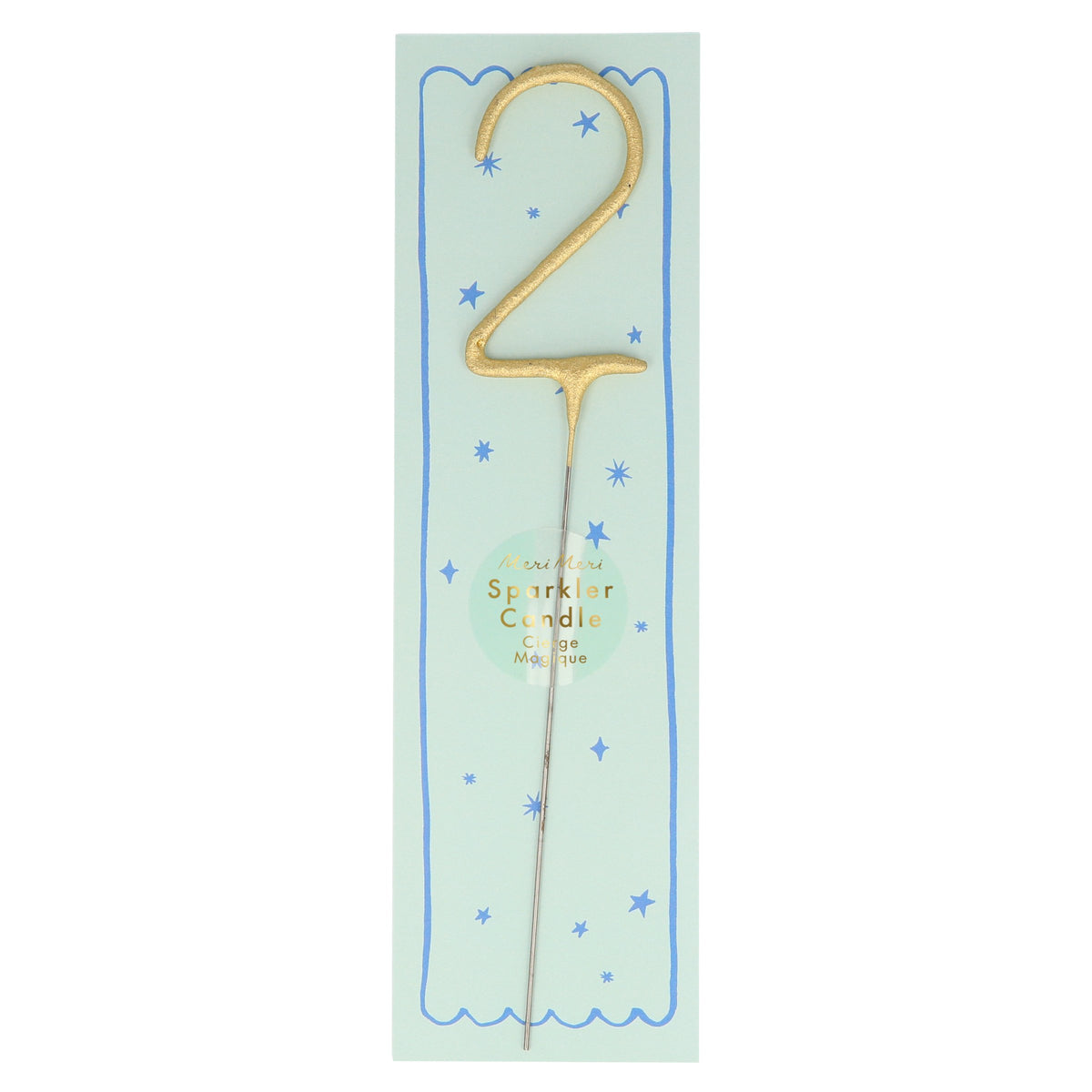 Gold number sparkler candle 2 with blue star pattern and pale blue center