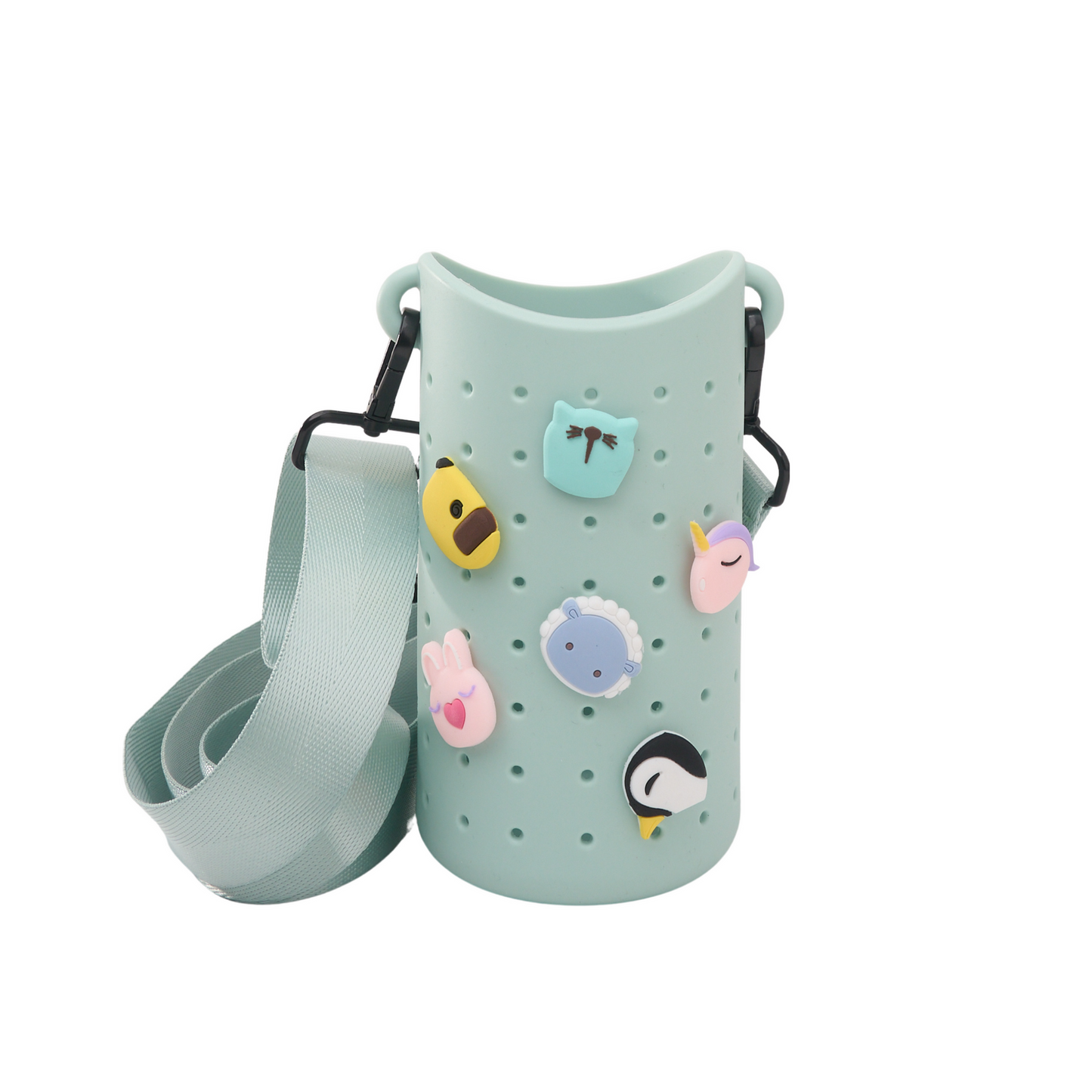 Koala-themed mint green sling bag with perforated body, colorful animal patches and strap