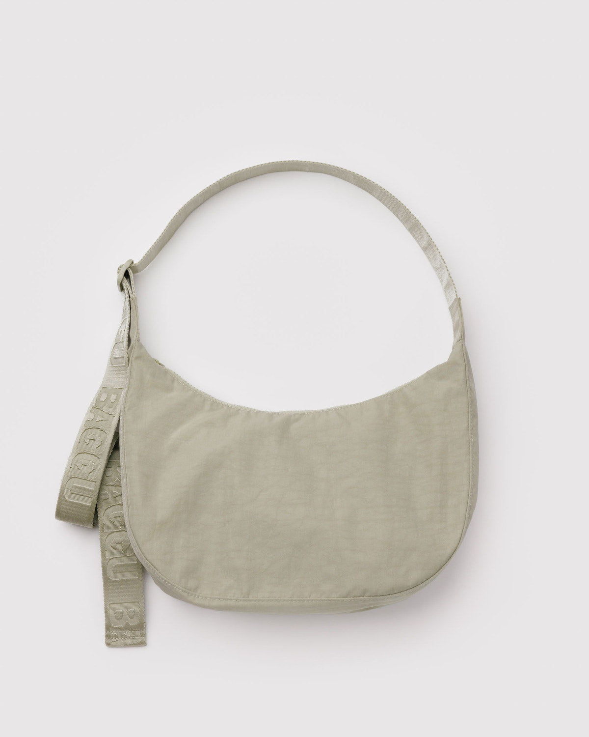 Oatmeal beige nylon crescent bag with long strap and hanging tag
