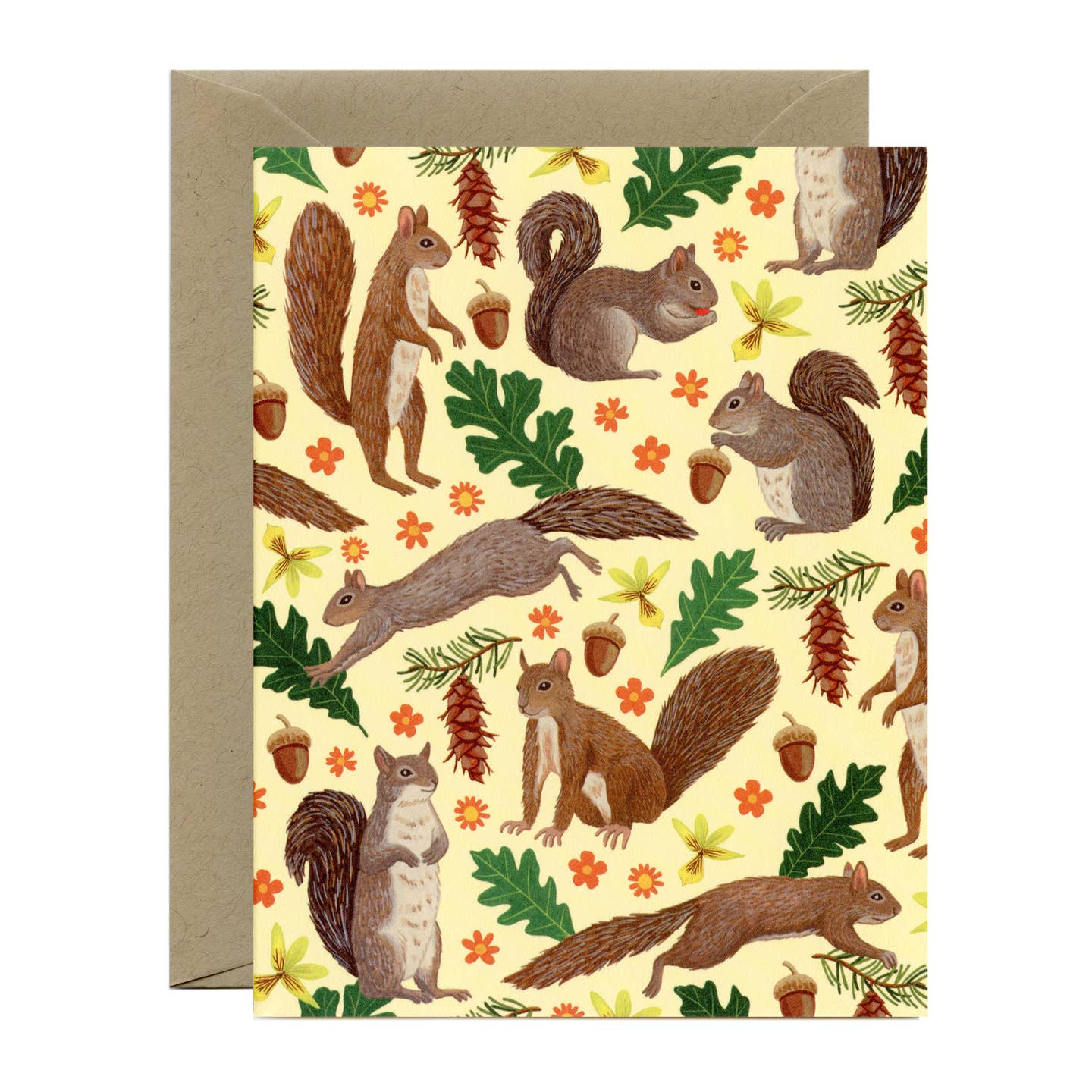 Woodland greeting card with squirrels, acorns, and leaves on cream background