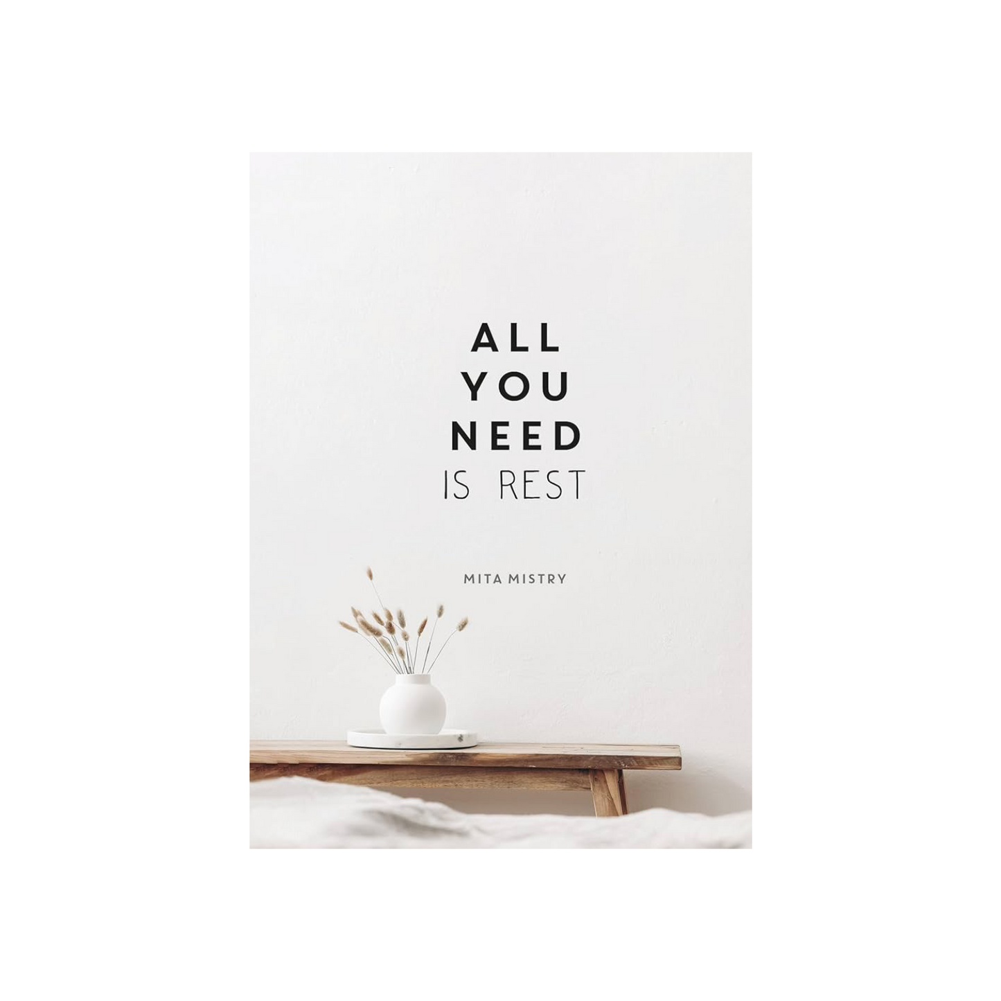 Inspirational wall art poster with bold 'ALL YOU NEED IS REST' text and Mita Mistry logo
