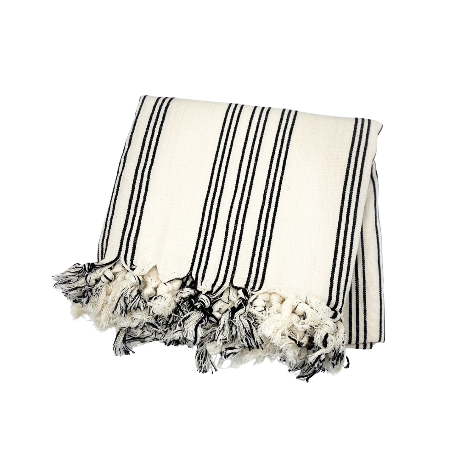 Black-striped Turkish cotton throw blanket with fringed tassels on the edge