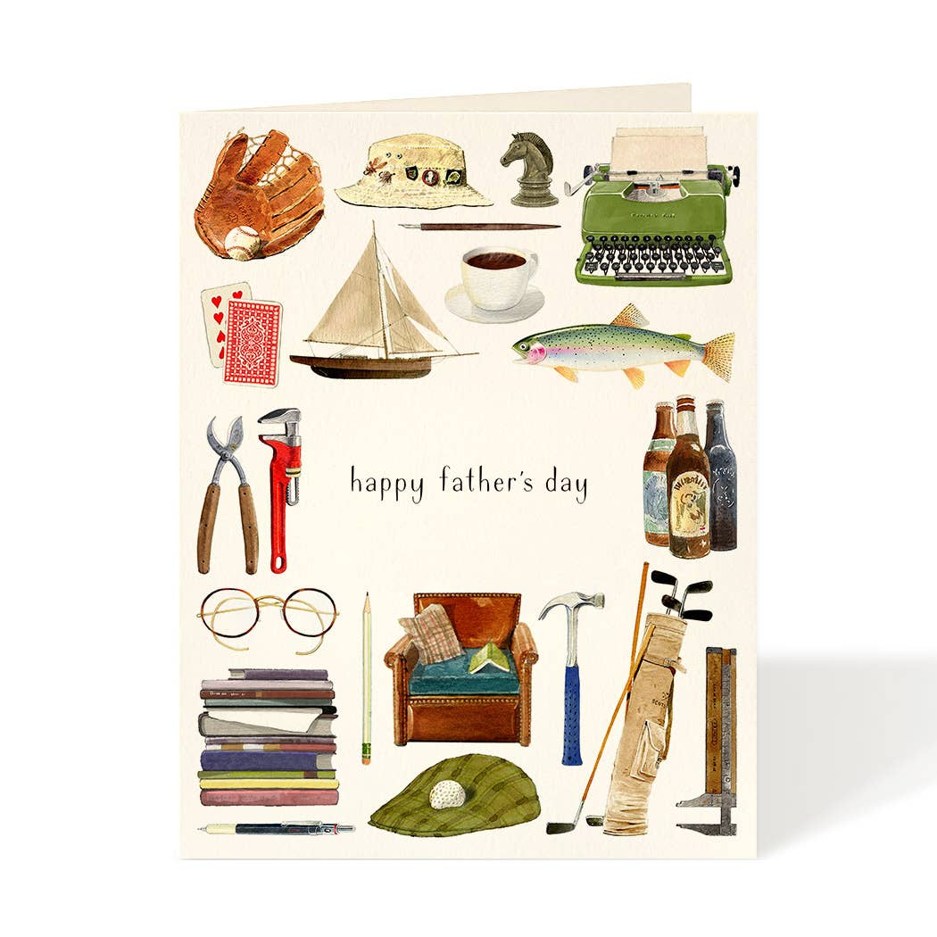 Father's Day card with vintage tools, books, fishing items collage and 'happy father's day'