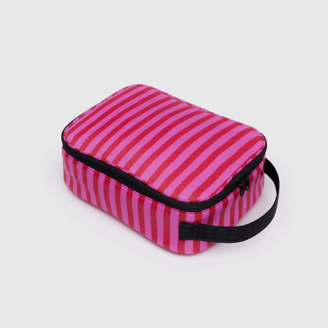 Pink striped lunch bag with black trim, zipper closure, and carry strap.