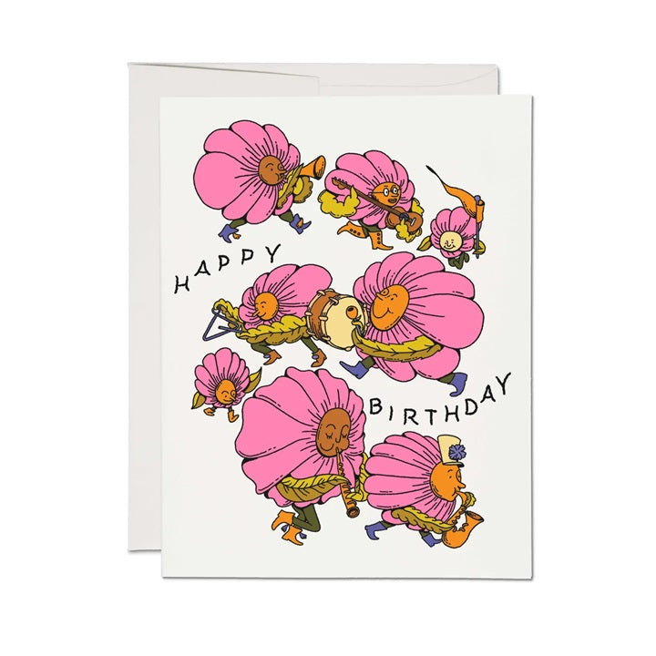 Birthday greeting card with pink flowers and bees, 'HAPPY BIRTHDAY' text