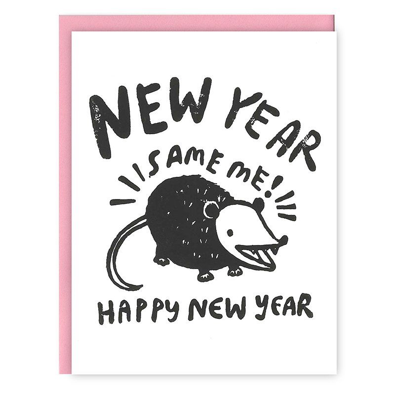Greeting card: black rat with 'New Year Same Me' and 'Happy New Year' text