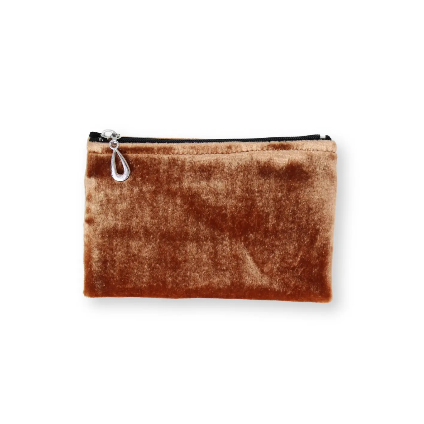 Small silk velvet pouch in copper-brown with zip top and teardrop zipper pull.
