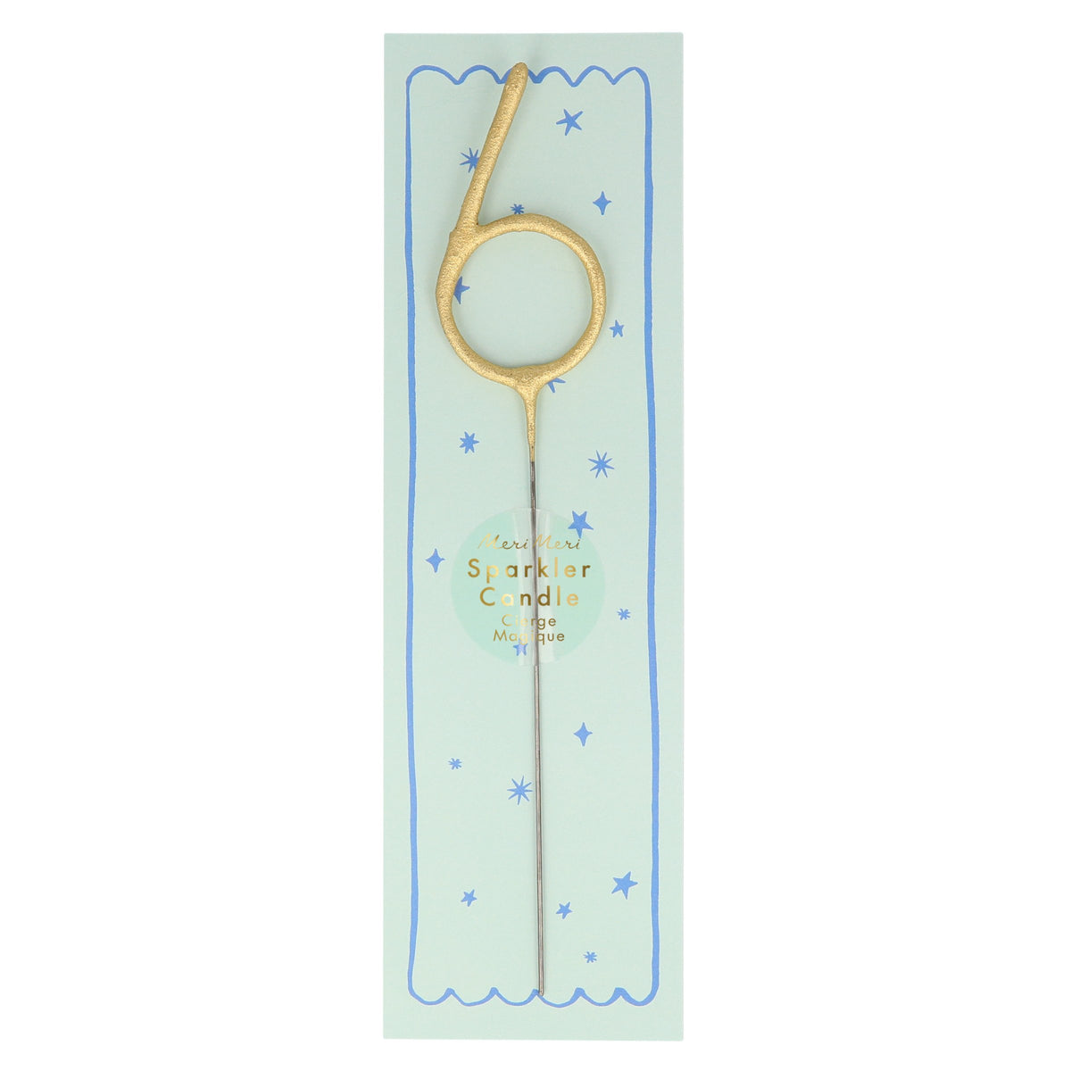 Gold number sparkler candle 6 with blue star pattern and pale blue center