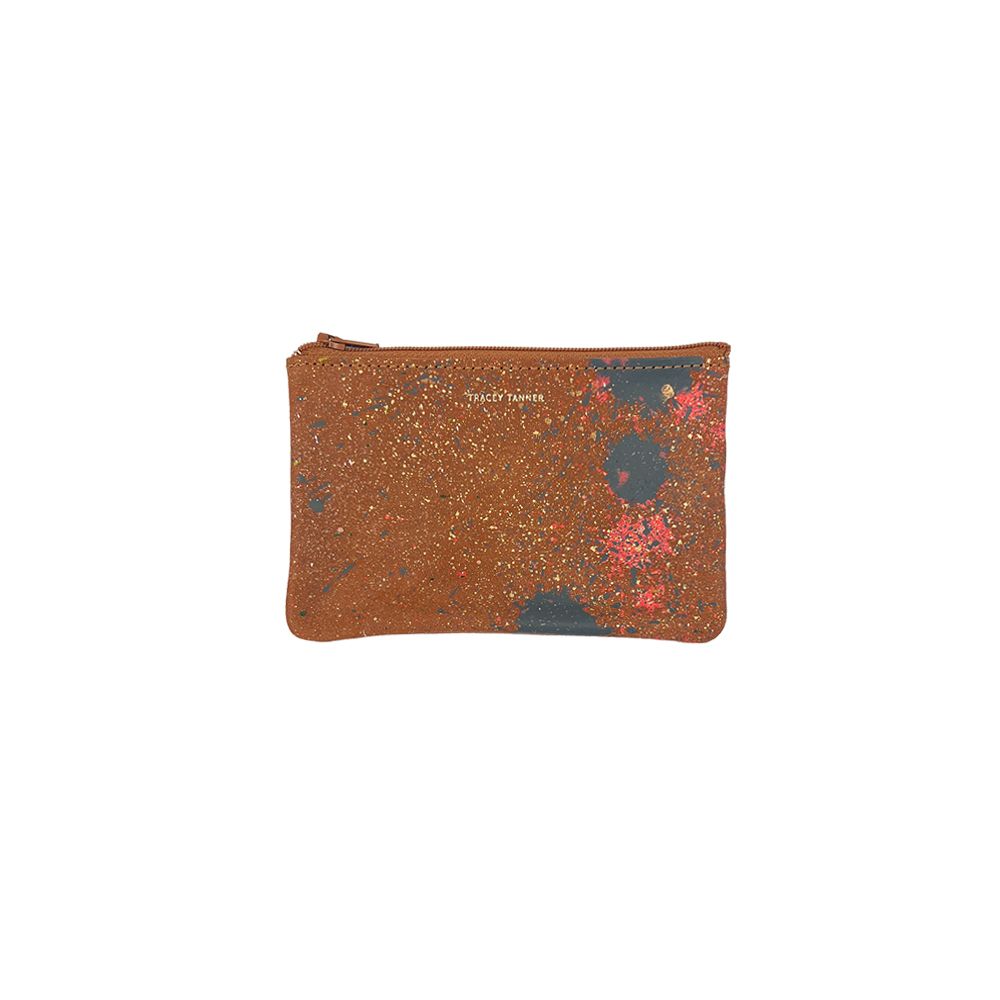 Small zip pouch with brown splatter pattern and top zipper