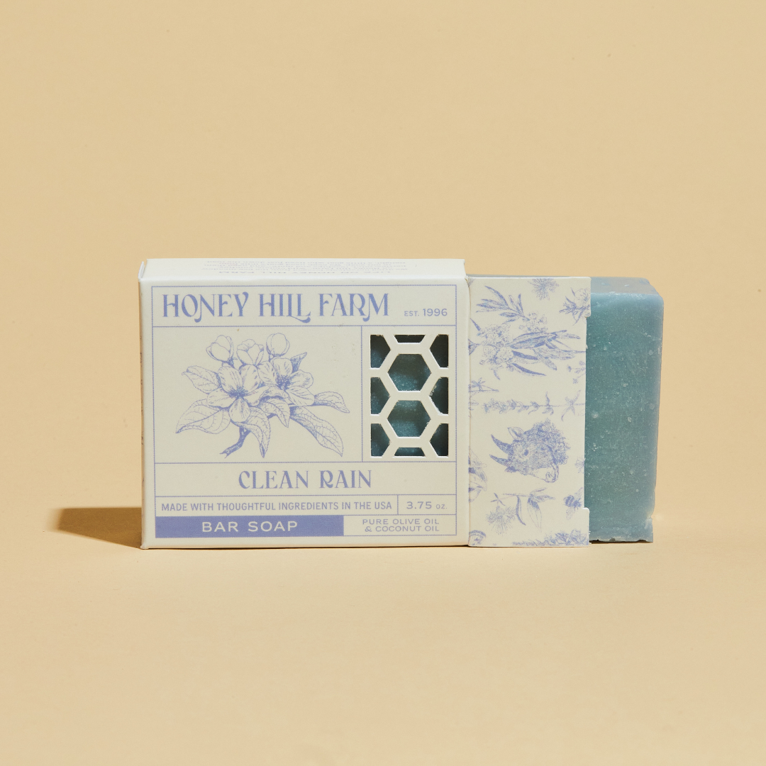 Honey Hill Farm Clean Rain bar soap with blue floral label on a white box.